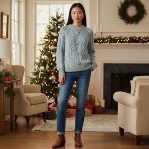 J.Crew Cable-Knit Pointelle Sweater with Popcorn Flowers | Mint | Size M